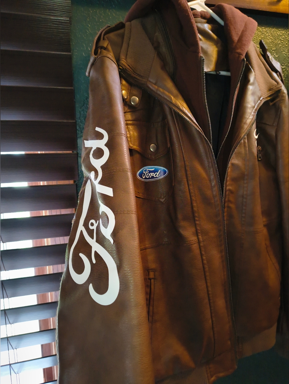 Woman's Brown Hooded Faux Leather Jacket with Ford Patch - Picture 2 of 14